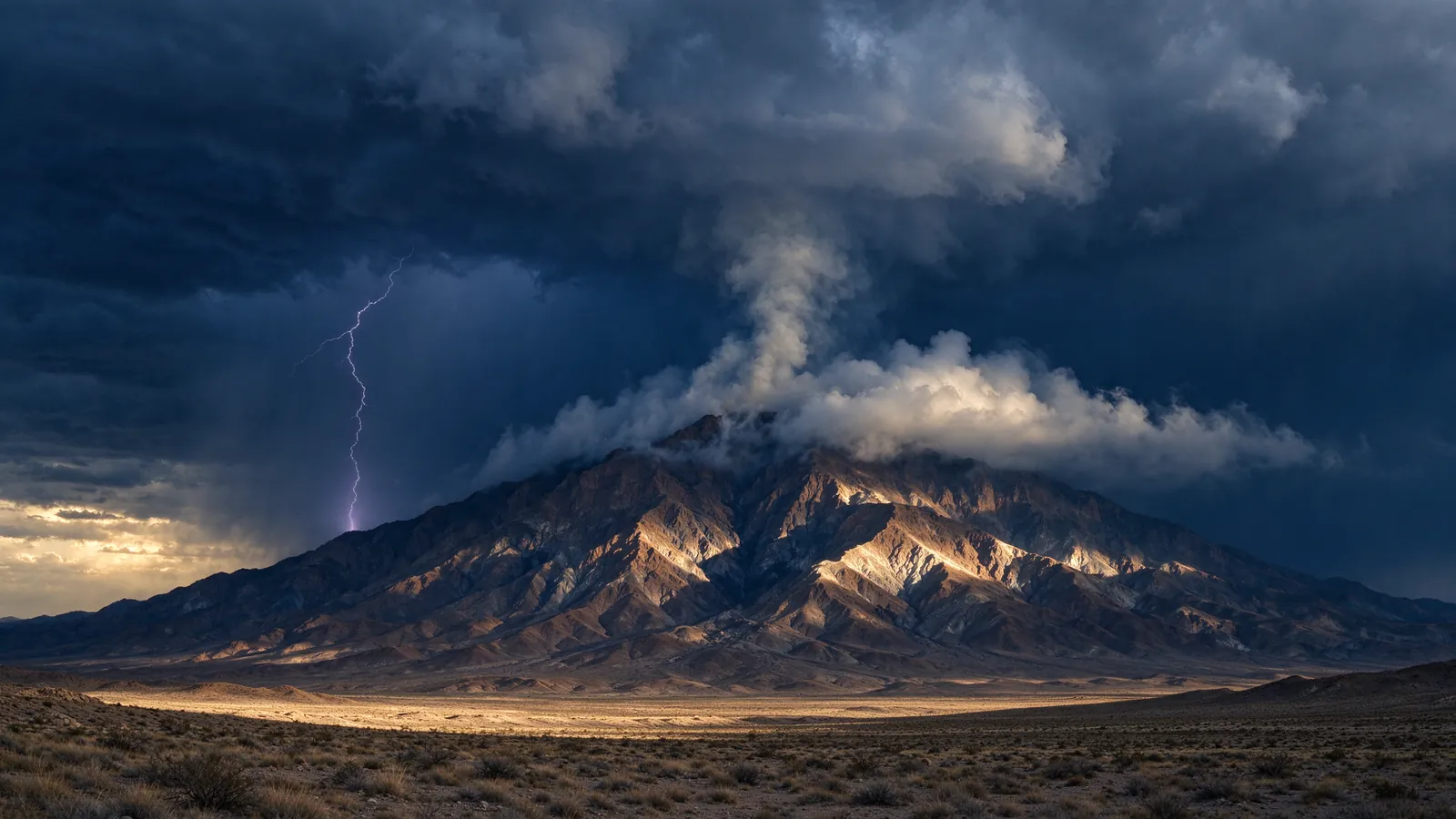 Montagne du désert entourée de nuages d'orage et d'éclairs
