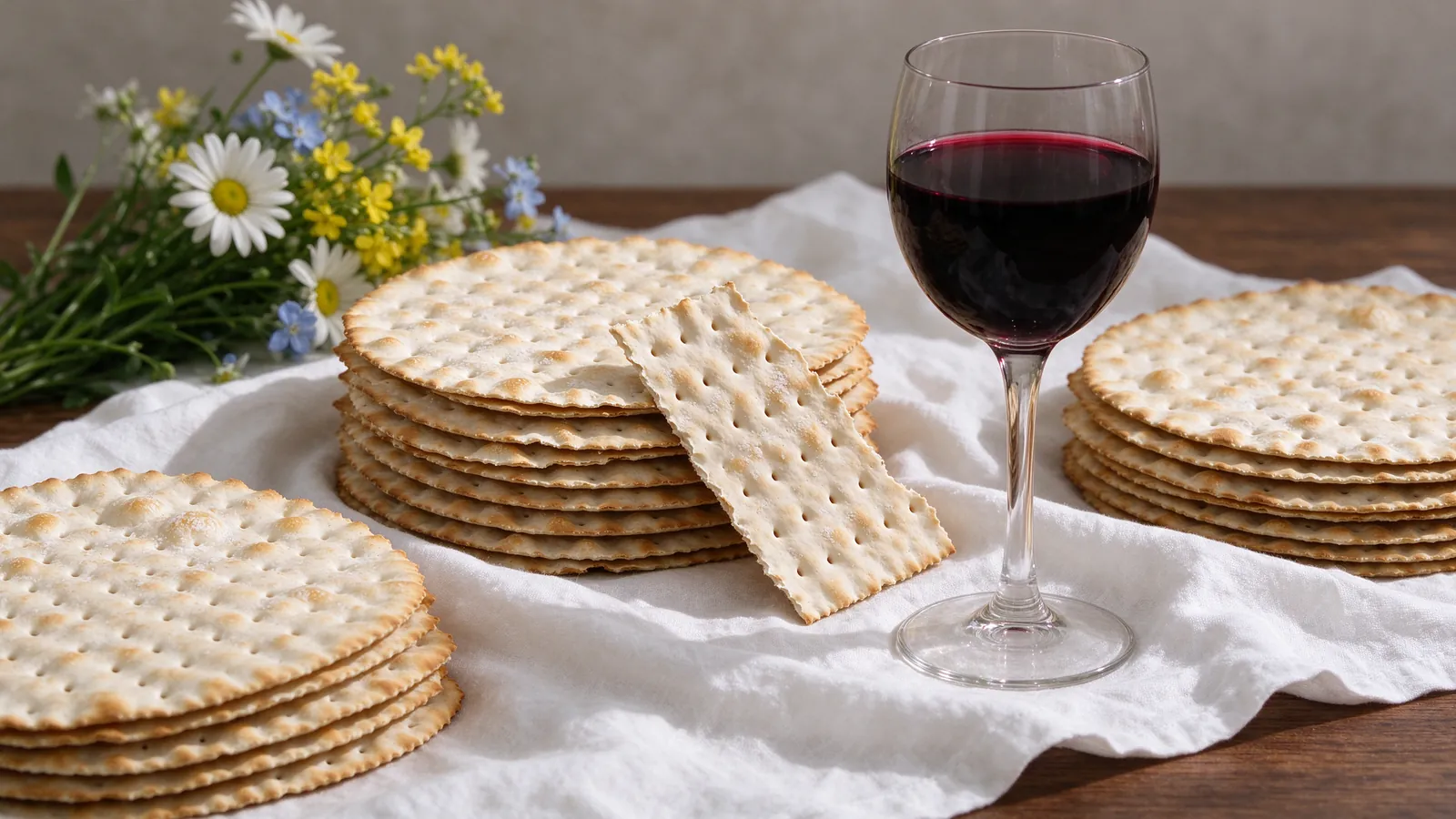 Matsot rondes sur une nappe blanche avec un verre de vin rouge et des fleurs de printemps
