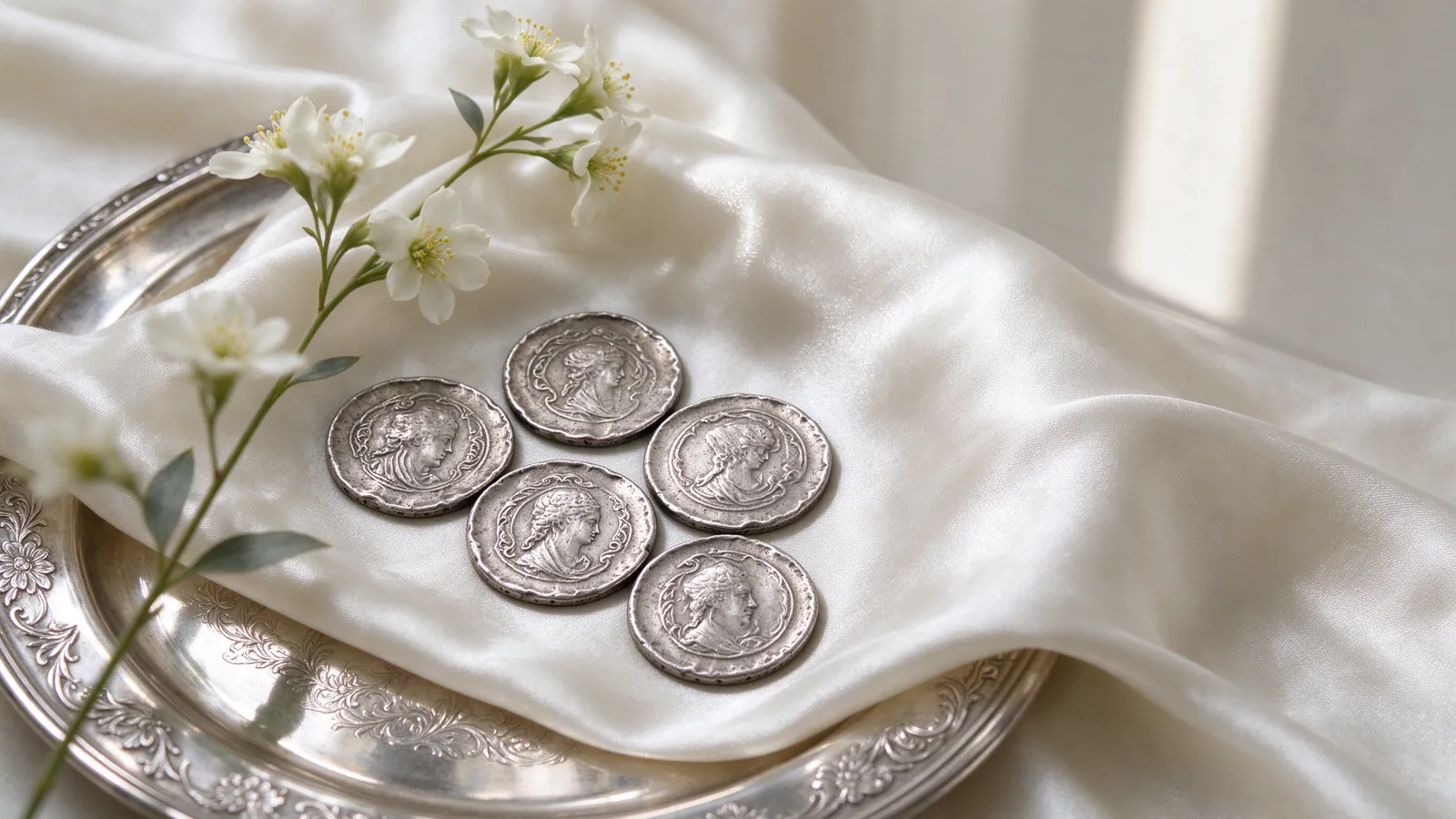 Cinq pièces d'argent sur un tissu de soie blanche pour le Pidyon Haben