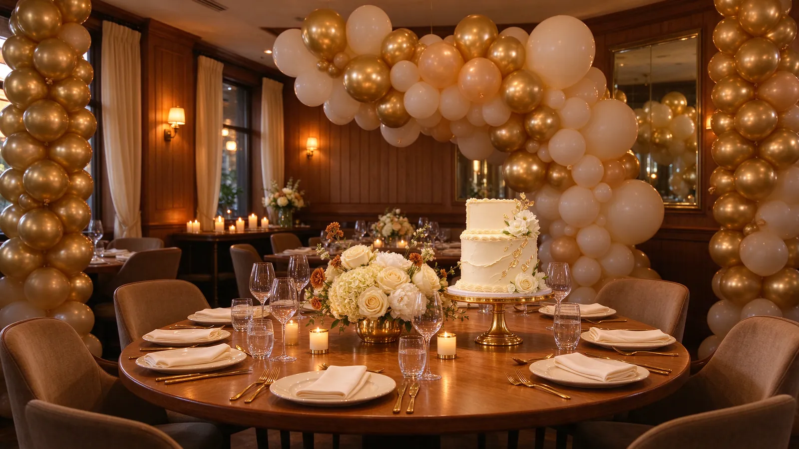 Table d'anniversaire en famille décorée de ballons dorés, fleurs et gâteau