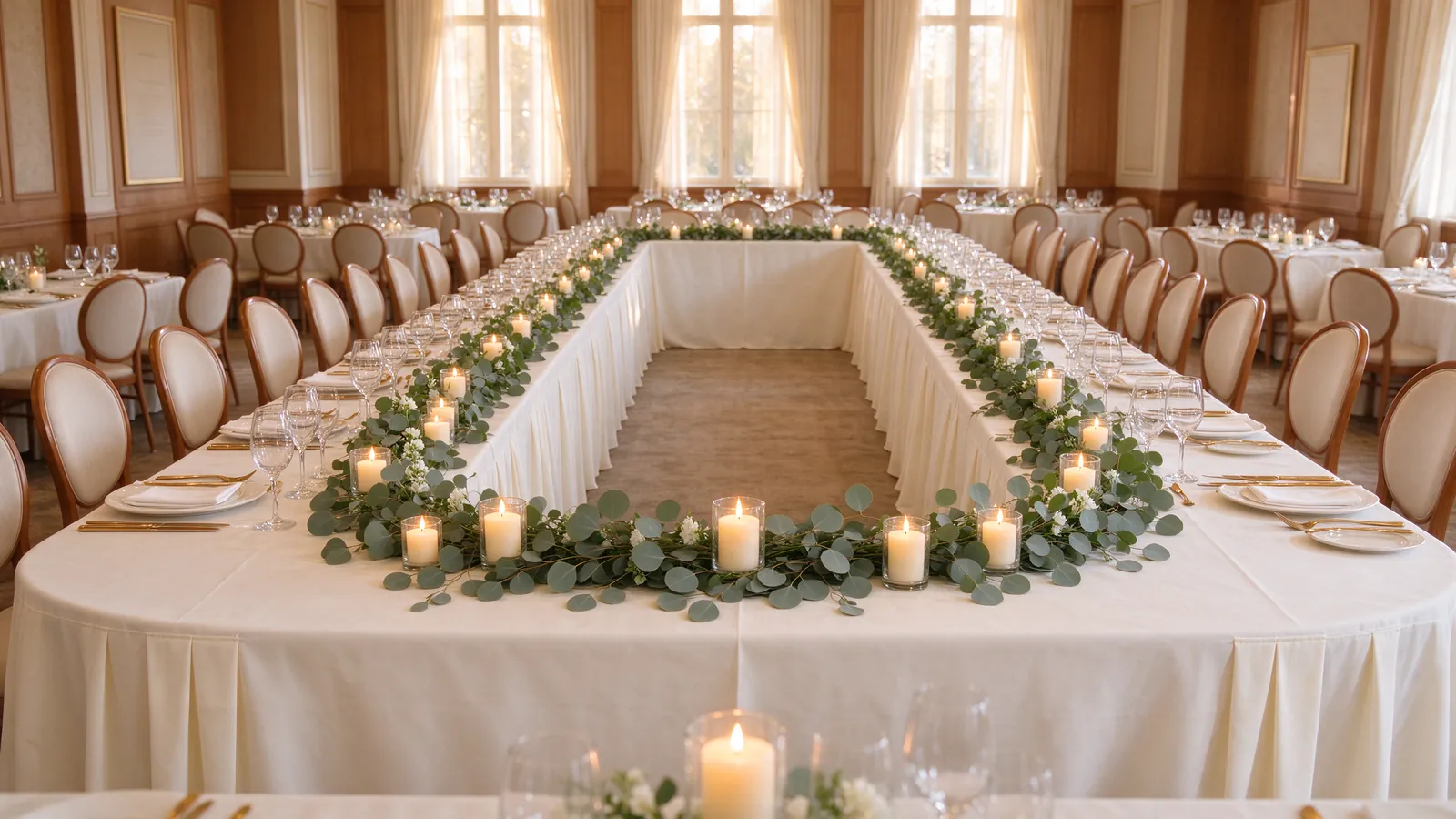 Grande table de banquet disposée en U dans une salle de réception