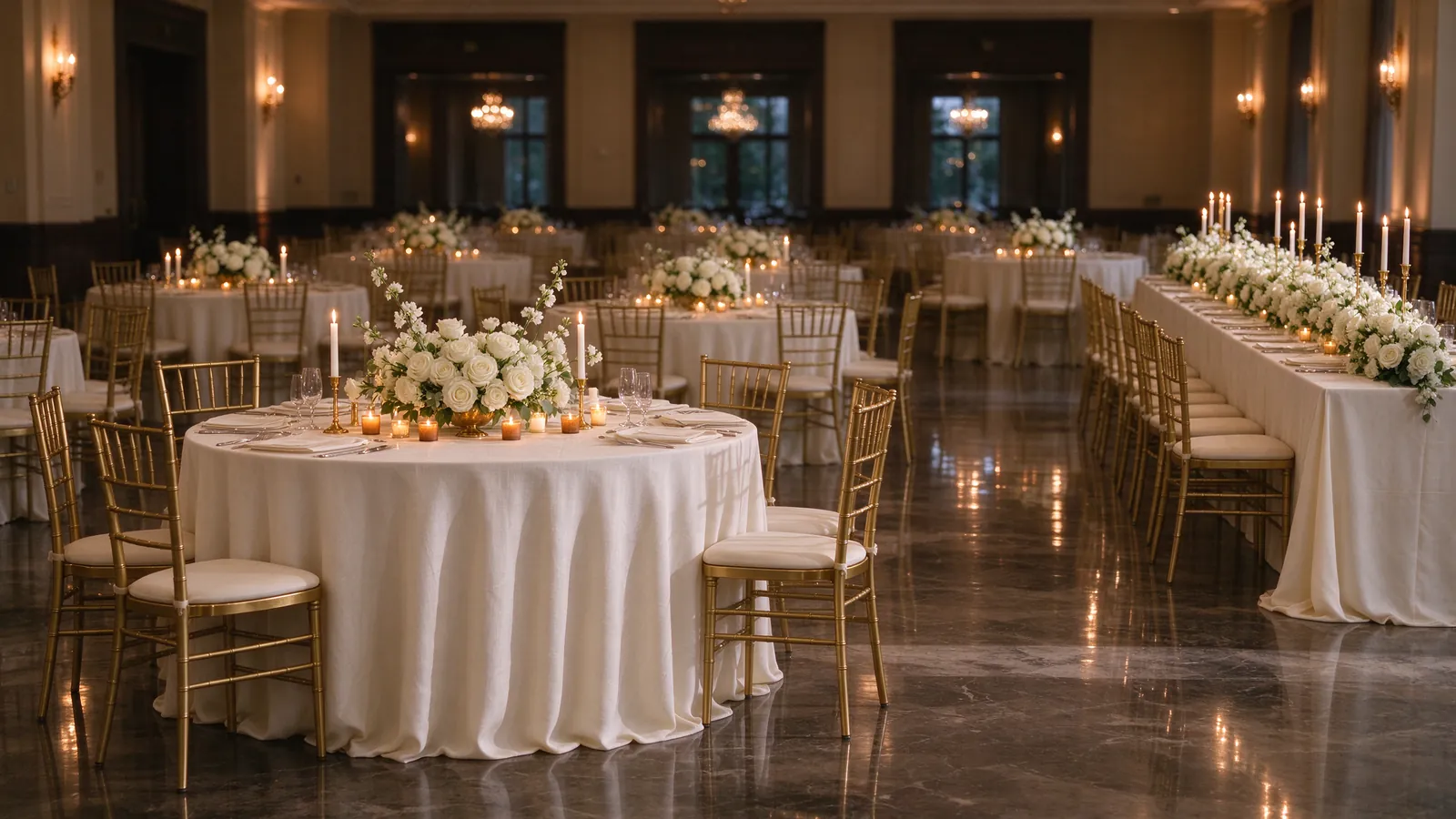 Salle de réception de mariage avec tables rondes nappées d'ivoire, fleurs blanches et bougies