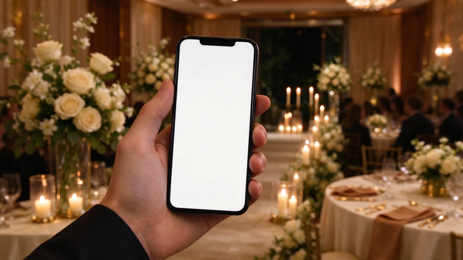 Invité tenant un smartphone à l'entrée d'une salle de réception décorée