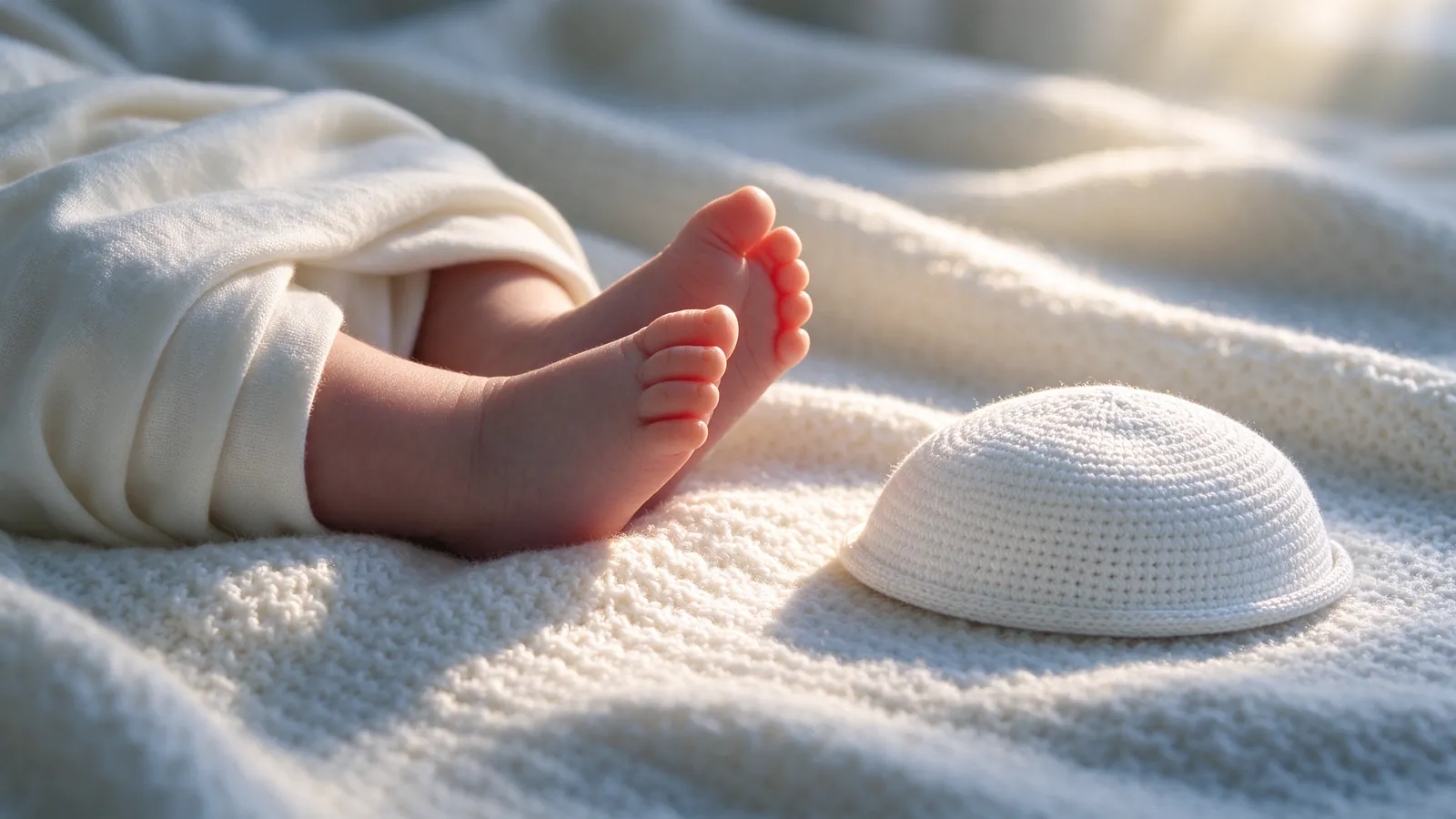 Pieds d'un nouveau-né sur une couverture blanche à côté d'une petite kippa