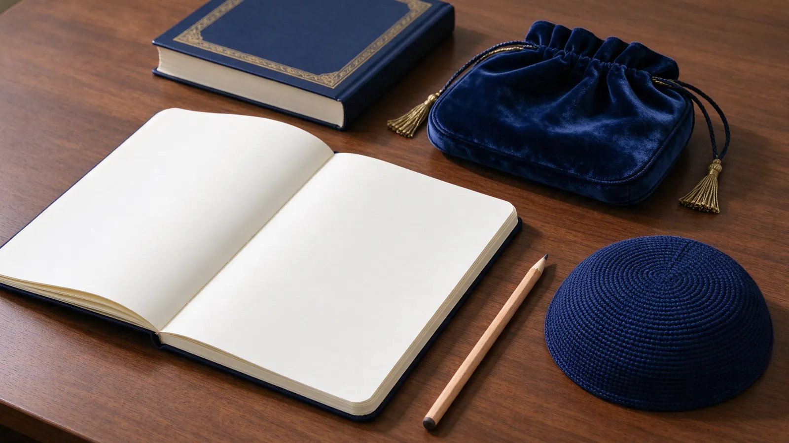 Carnet de planification, pochette de téfilines, kippa et livre de prières sur un bureau