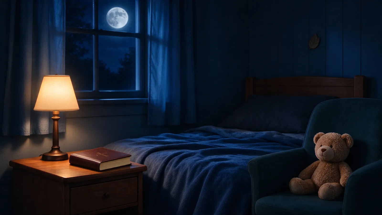 Chambre d'enfant le soir avec lampe de chevet et livre de prières