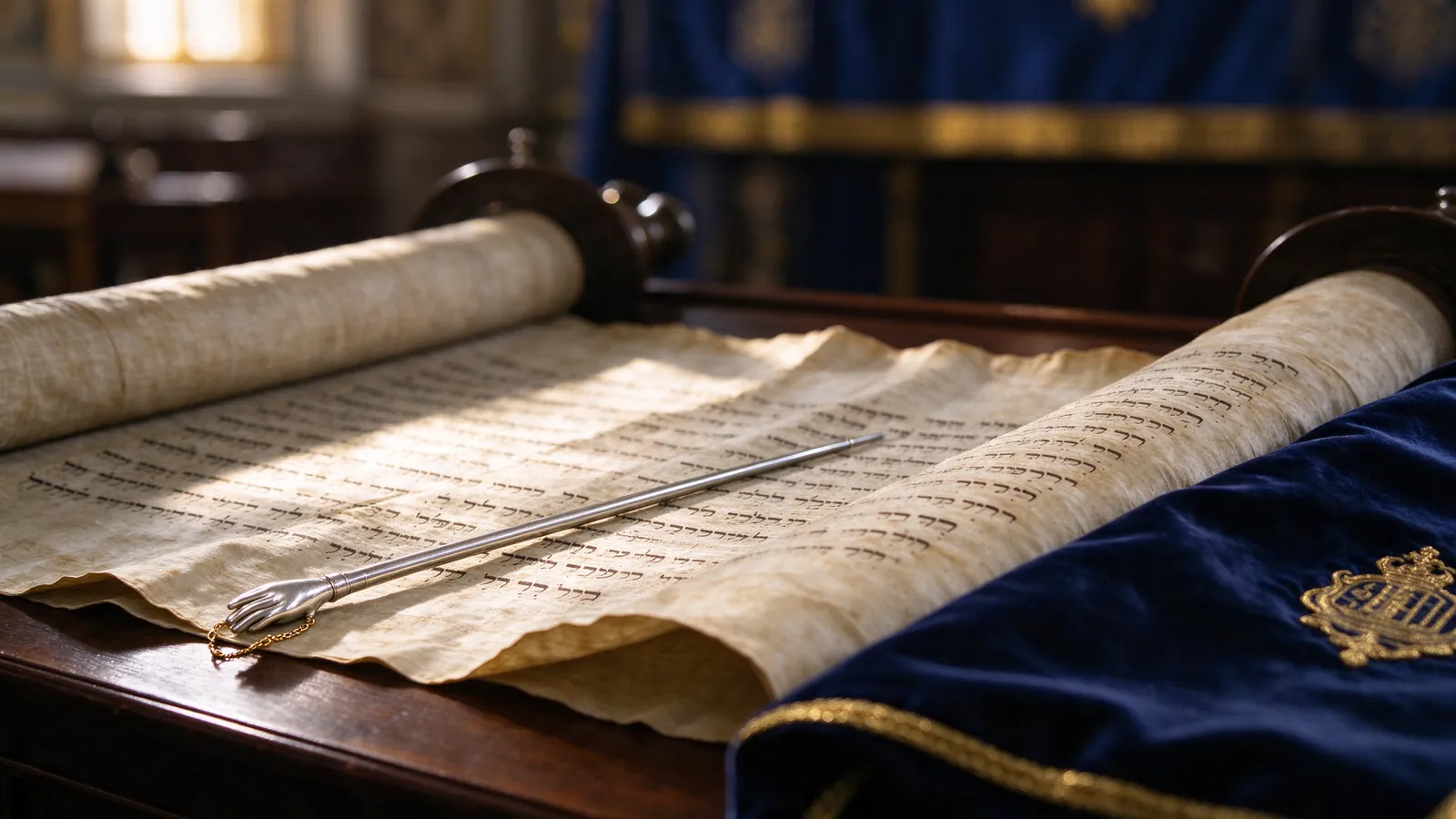 Rouleau de la Torah ouvert sur la table de lecture avec un yad en argent