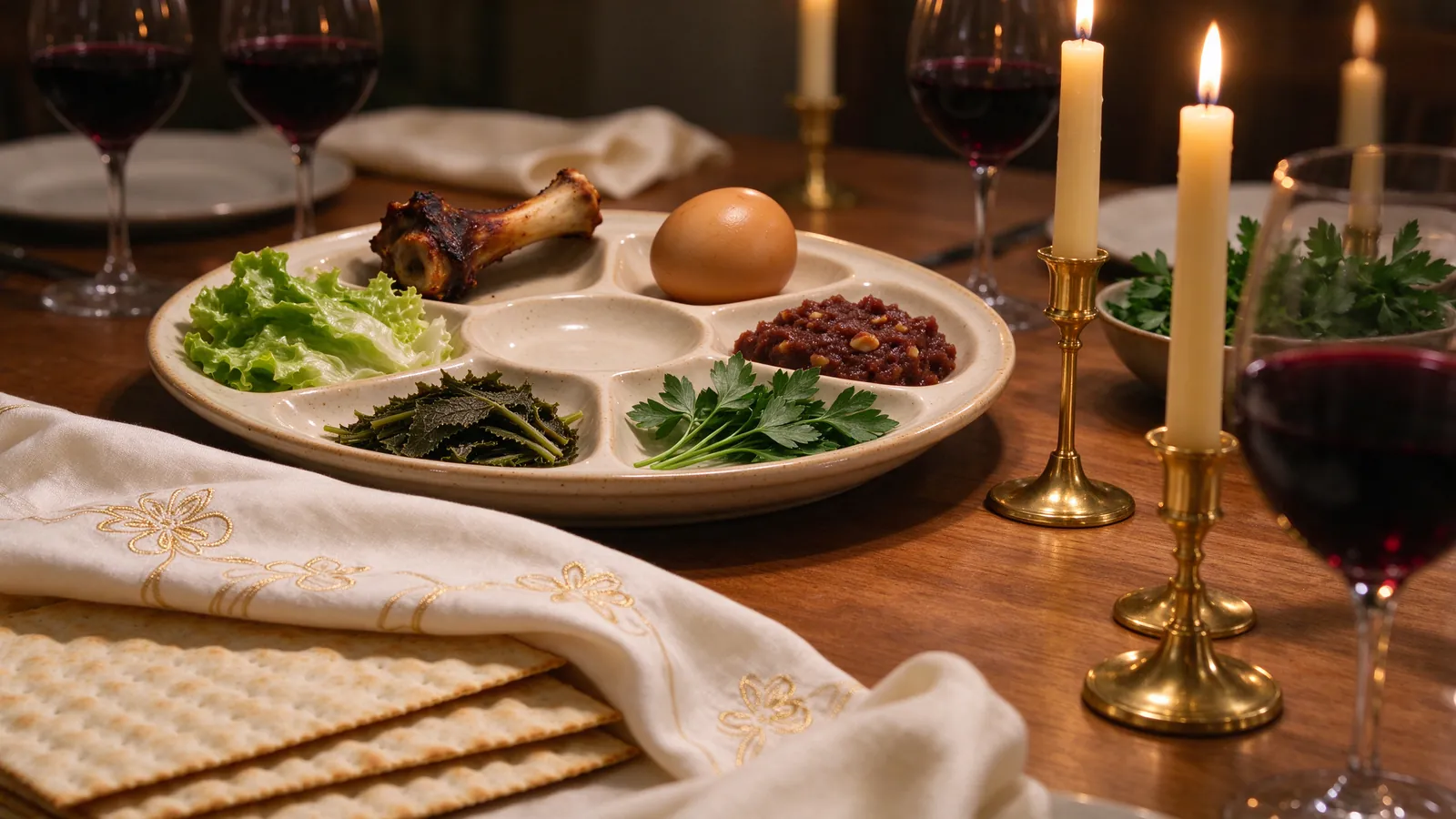 Table du Seder de Pessah avec plateau du Seder, matsot, coupes de vin et bougies