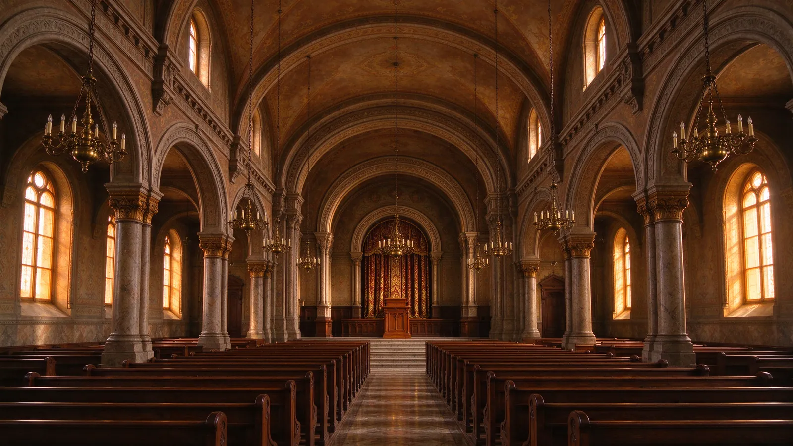 Intérieur d'une grande synagogue du XIXe siècle avec arches et lustres