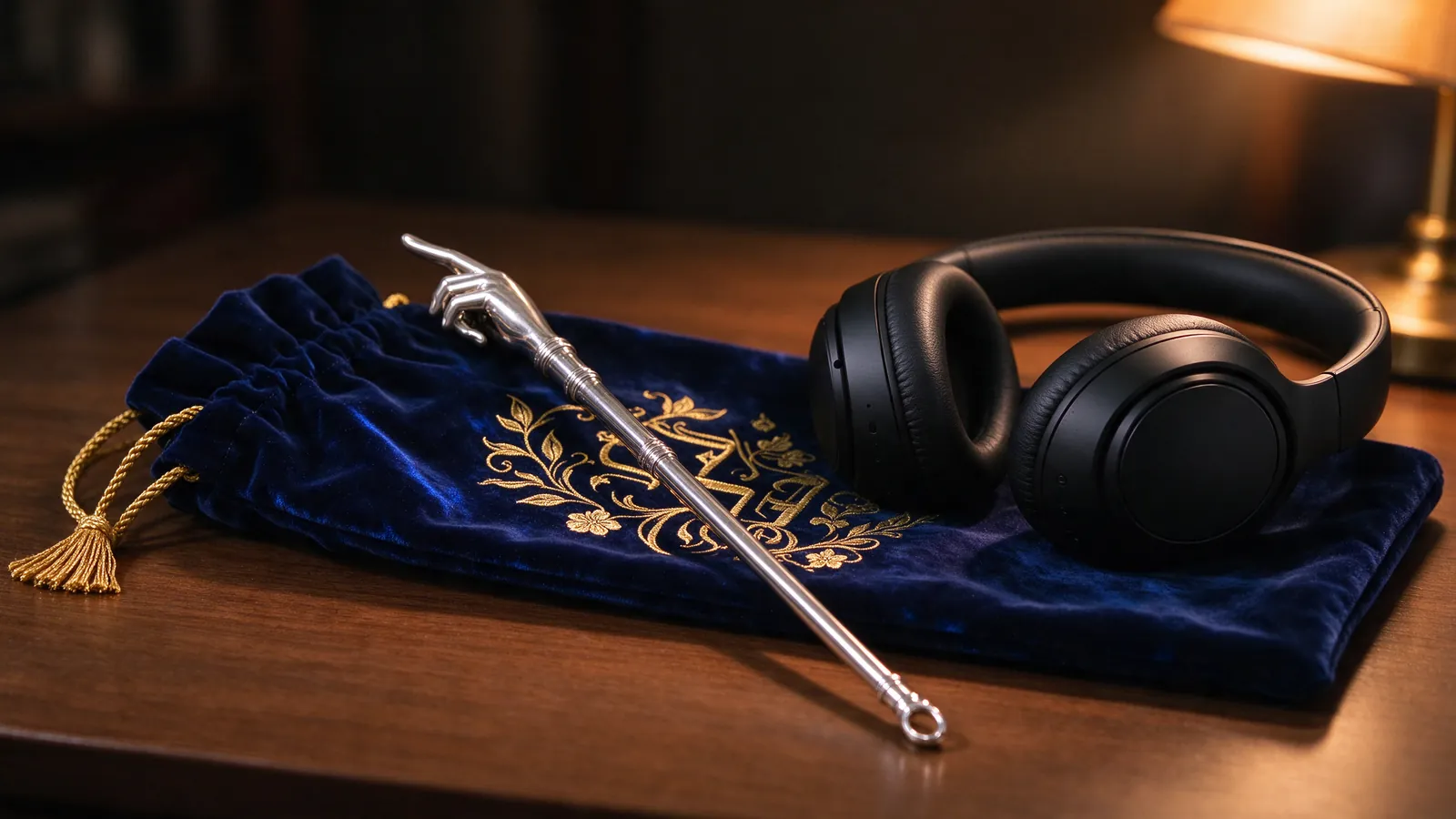 Yad en argent et casque audio posés sur une pochette de velours bleu brodée