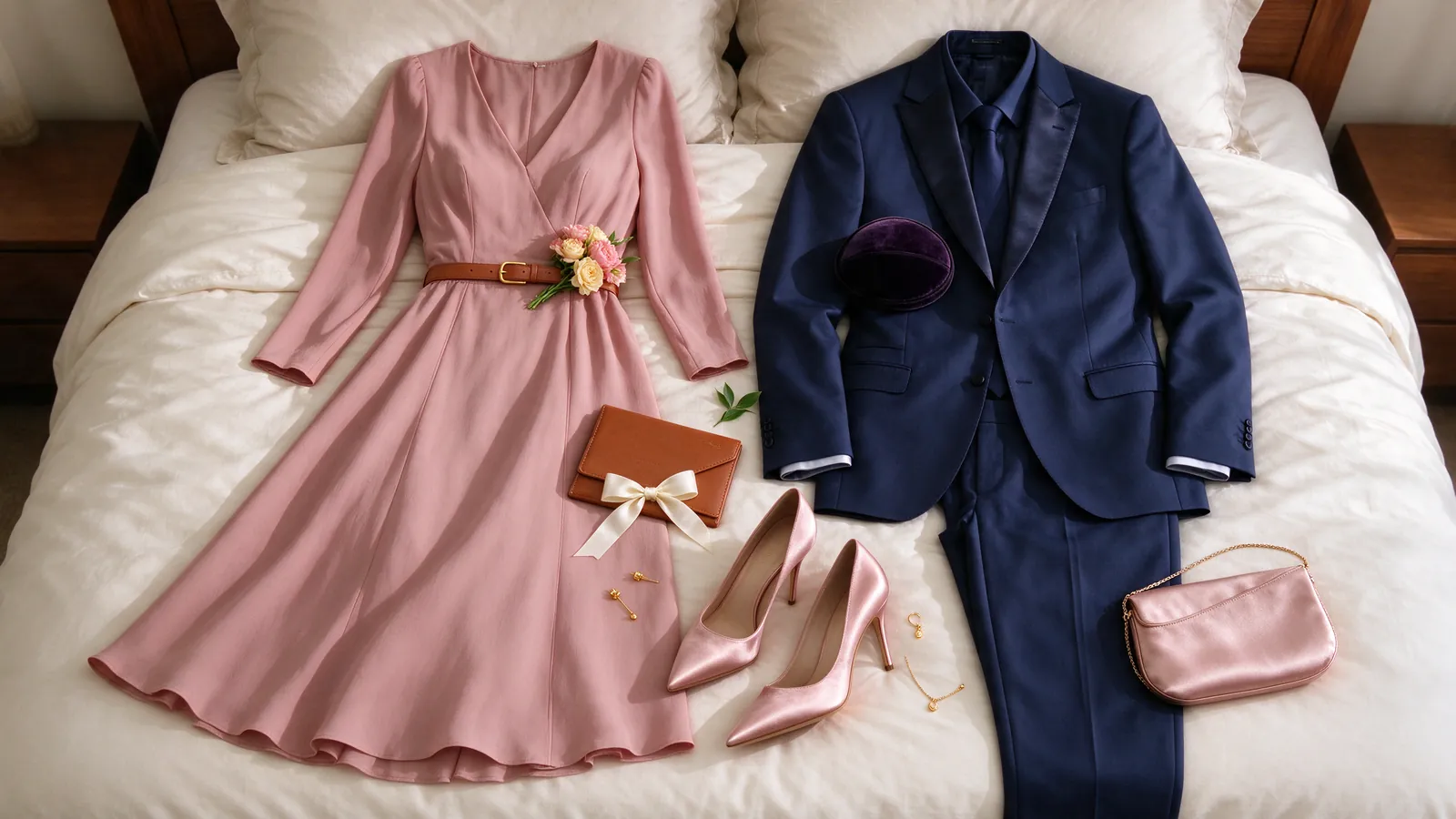 Tenues d'invités pour un mariage juif : robe midi rose, costume bleu marine et kippa