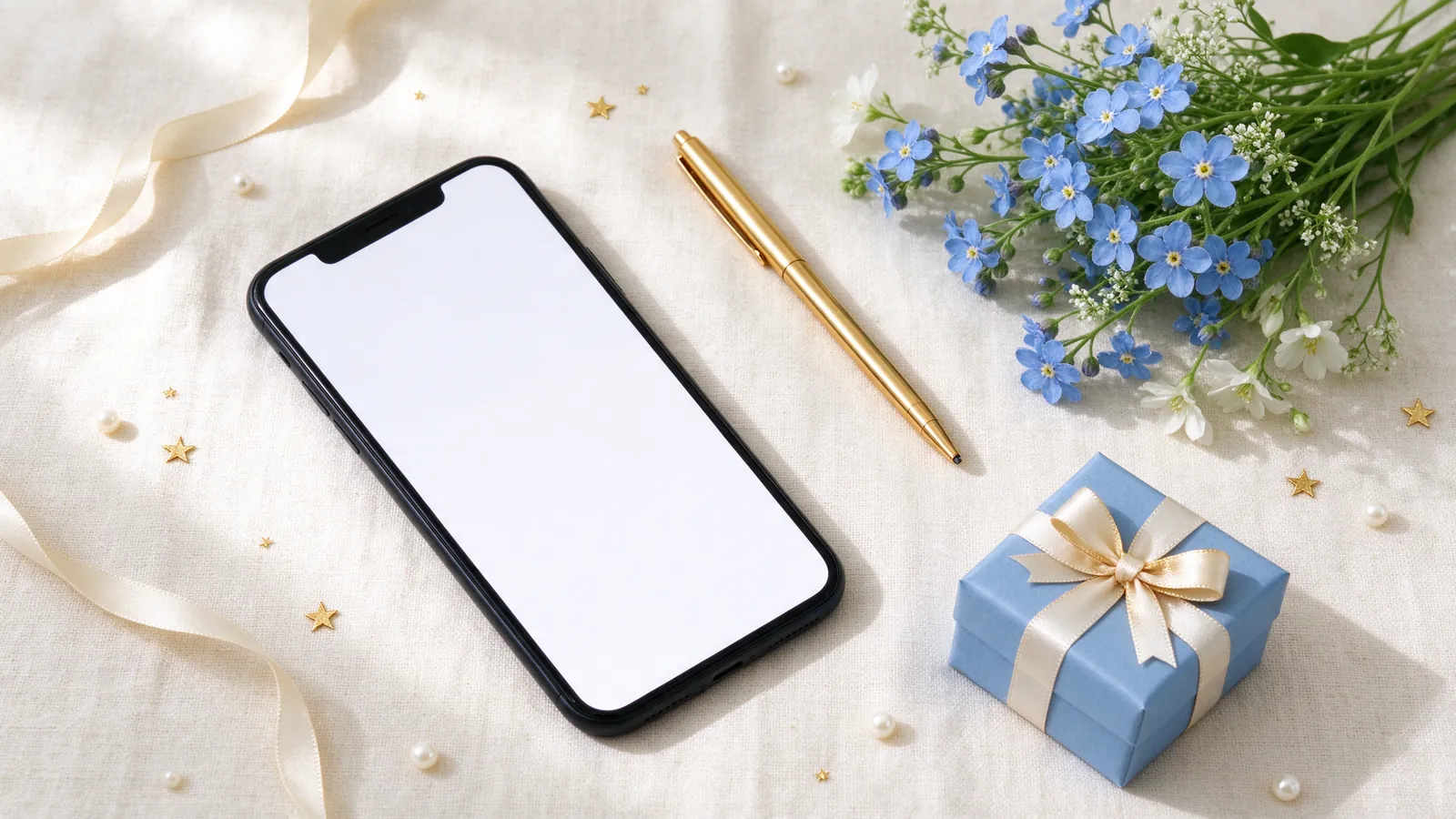 Smartphone, stylo doré, fleurs bleues et cadeau pour annoncer une Brit Milah