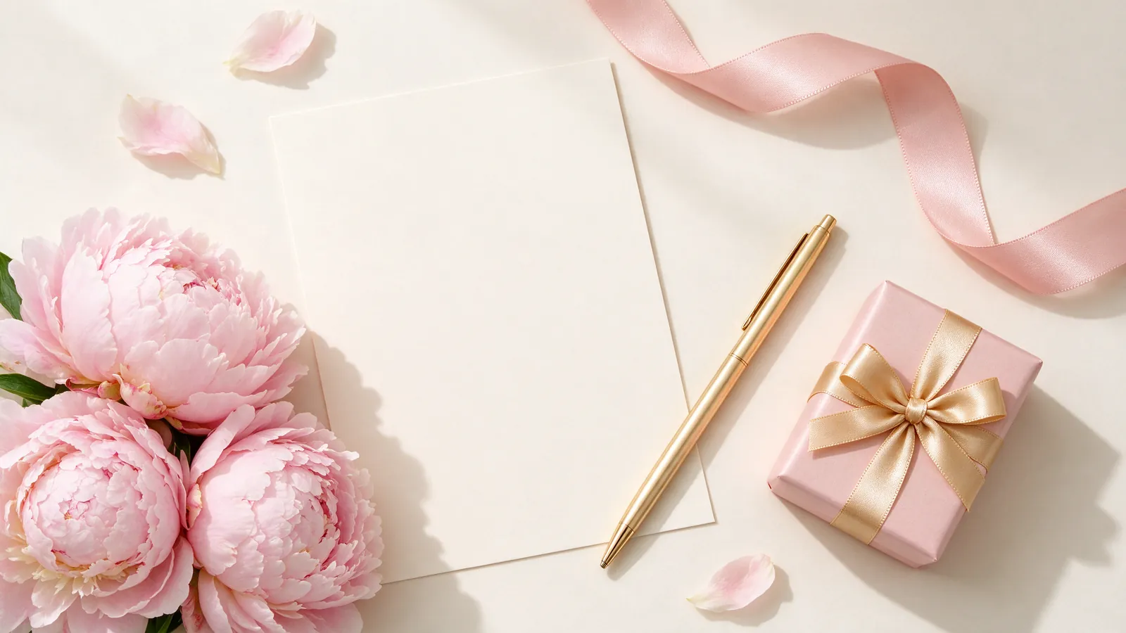 Carte ivoire, pivoines roses, stylo doré et ruban pour une invitation de Bat Mitzvah