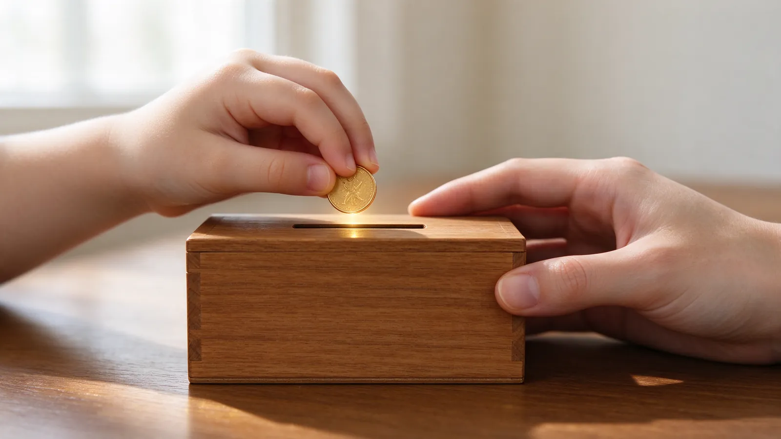 Main d'enfant glissant une pièce dans une boîte de tsedaka en bois