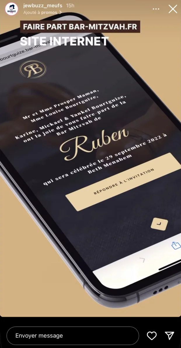 Story JewBuzz : « Faire part Bar-Mitzvah.fr — Site Internet », invitation en ligne de la Bar Mitzvah de Ruben affichée sur un smartphone