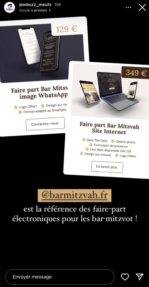 Story JewBuzz : les offres image WhatsApp à 129 € et Site Internet à 349 €, avec le texte « @barmitzvah.fr est la référence des faire-part électroniques pour les bar-mitzvot ! »