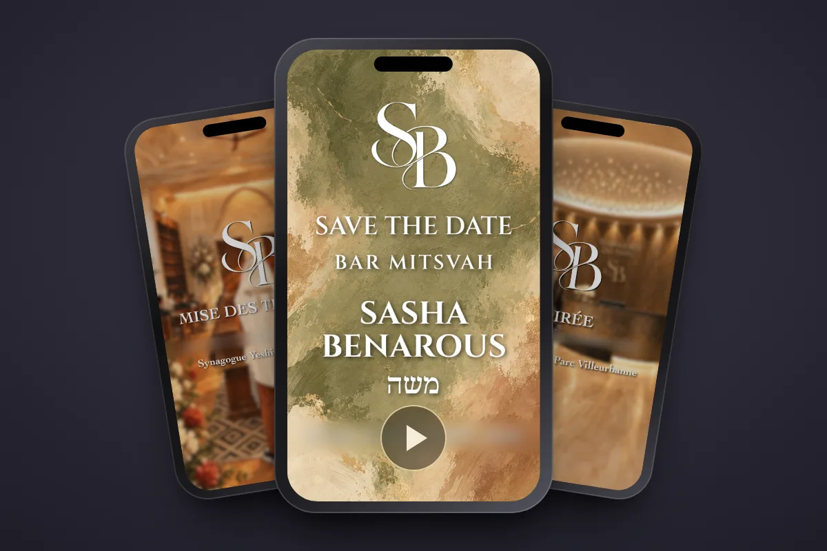 Vidéo invitation Bar Mitzvah affichée sur trois iPhone : save the date, mise des téfilines et soirée