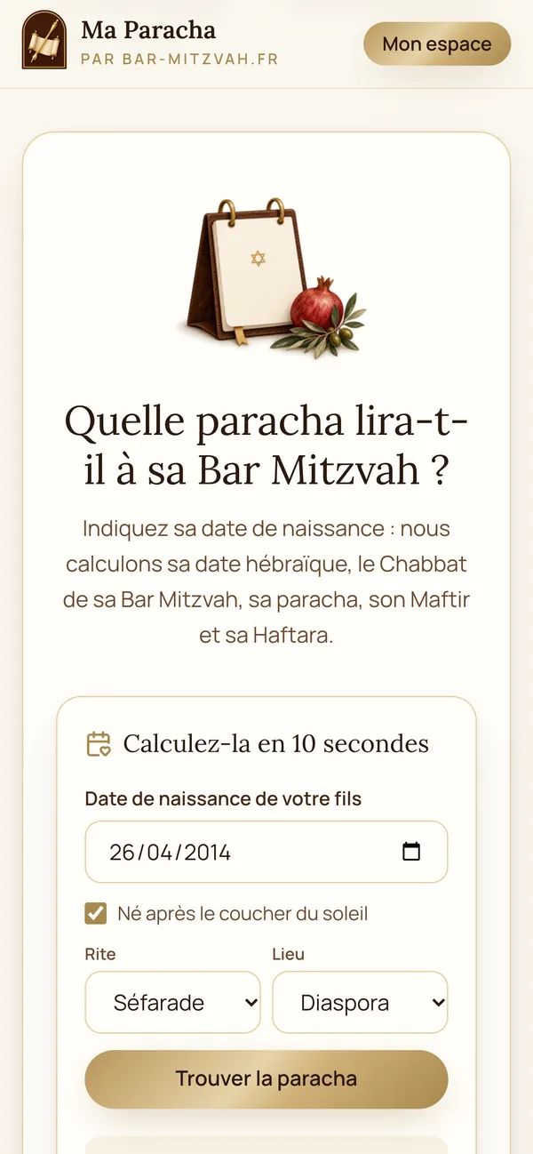 Le calculateur de paracha de Ma Paracha, sur téléphone