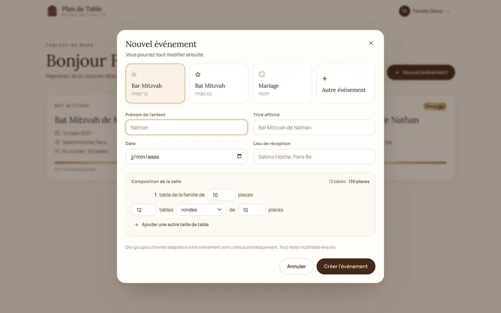 Plan de Table : créer un événement et toutes ses tables en une fois