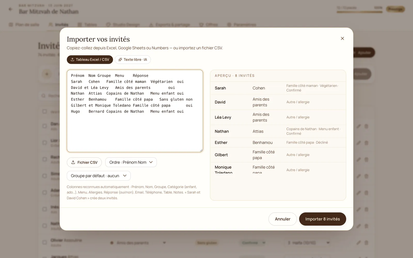 Import des invités par copier-coller depuis Excel : colonnes et couples détectés automatiquement