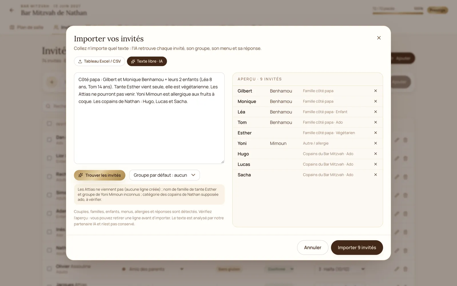 Import « Texte libre · IA » : une liste en vrac devient une liste d'invités complète
