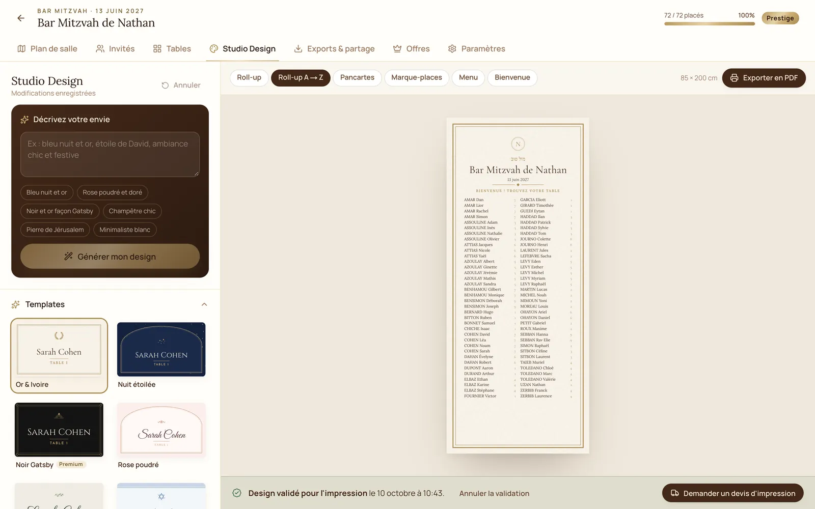 Le roll-up alphabétique A → Z généré par Plan de Table