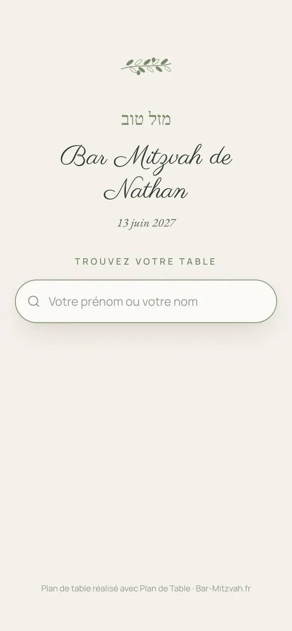 La page « Trouve ta table » : l'invité tape son nom et découvre sa table