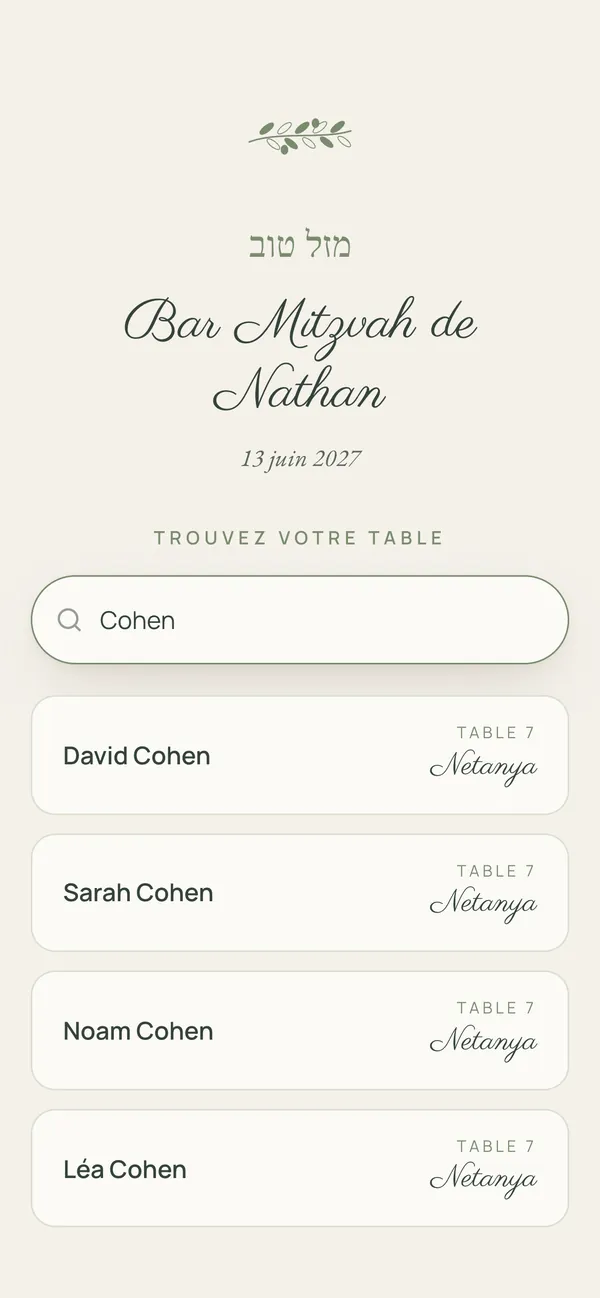 La page « Trouve ta table » de Plan de Table, sur le téléphone d'un invité