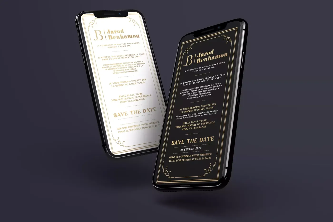 Faire-part pour Bar Mitzvah au format image WhatsApp : deux versions, fond ivoire et fond noir, lettrage doré, affichées sur smartphones