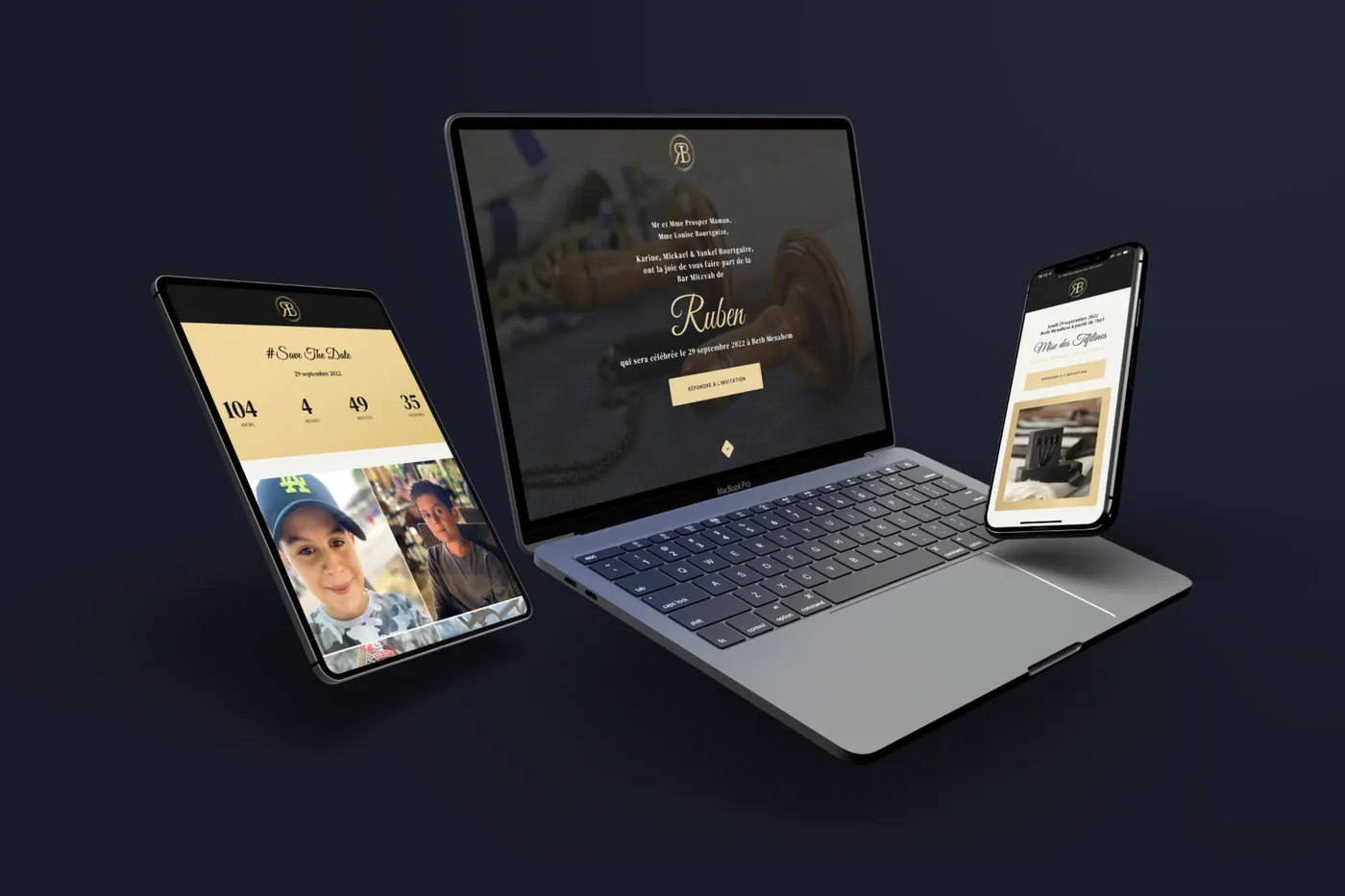 Faire-part numérique de Bar Mitzvah affiché sur ordinateur portable, tablette et smartphone