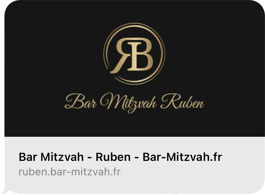 Aperçu du lien d'un faire-part de Bar Mitzvah partagé dans une conversation, avec logo aux initiales en doré sur fond noir