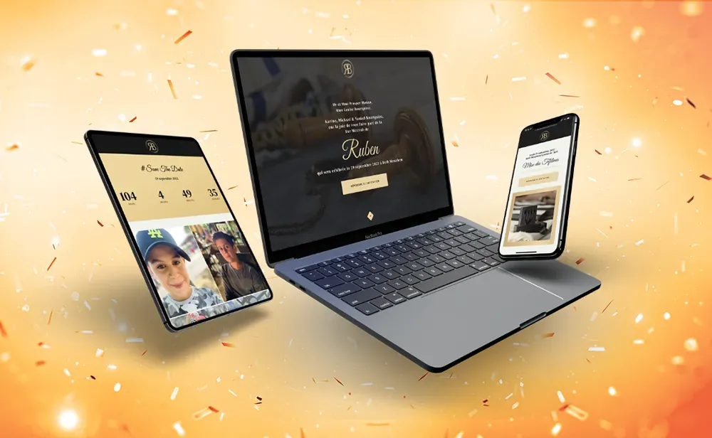 Faire-part site internet de Bar Mitzvah affiché sur ordinateur, tablette et smartphone, avec compte à rebours et programme de la fête