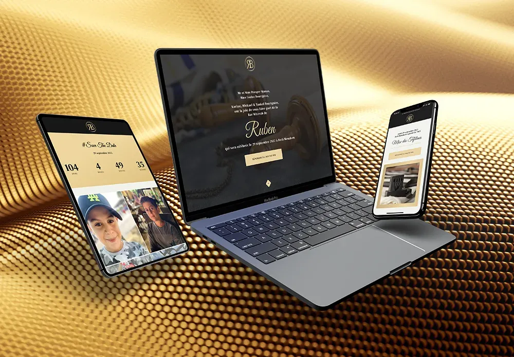 Carte d’invitation de Bar Mitzvah en ligne affichée sur ordinateur, tablette et smartphone, avec Save the Date et compte à rebours