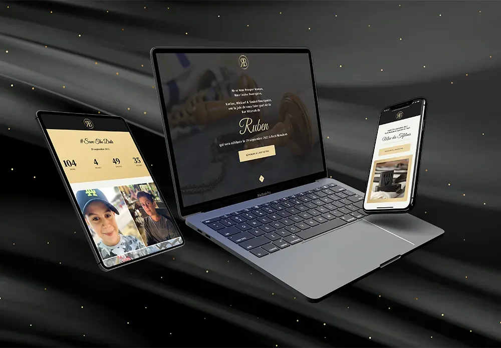 Carte virtuelle de Bar Mitzvah au design noir et doré, présentée sur ordinateur, tablette et téléphone