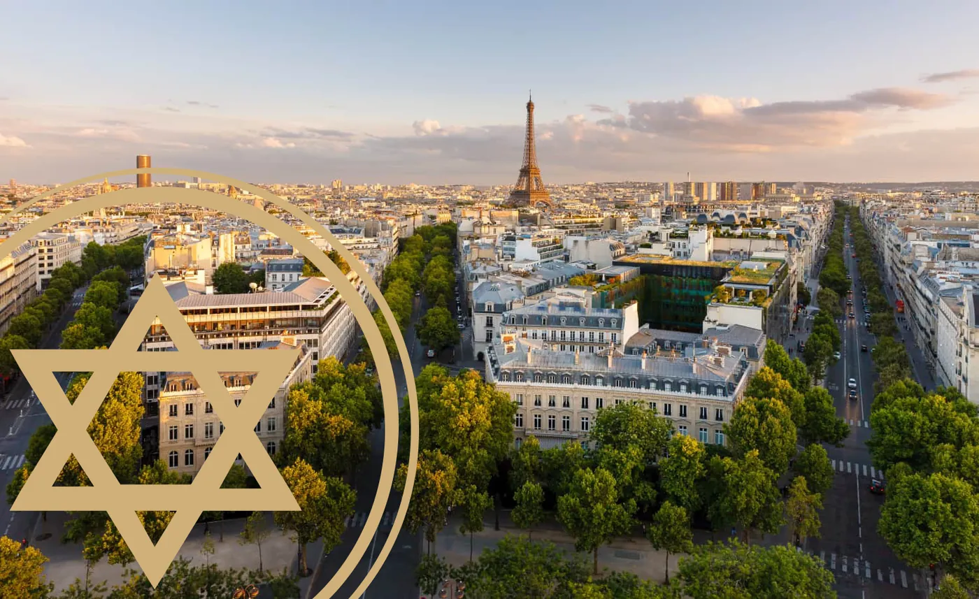 Vue aérienne de Paris et de la tour Eiffel avec une étoile de David dorée, illustration d’une Bar Mitzvah à Paris