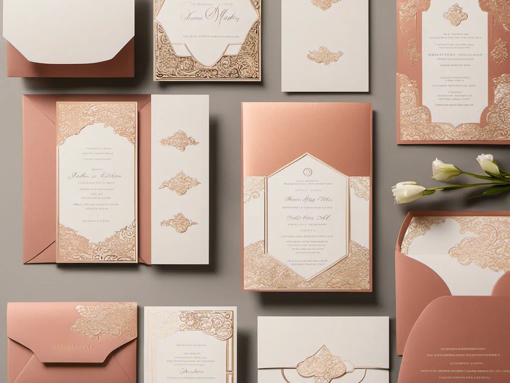 Faire-part de mariage aux motifs orientaux dorés sur papier rose poudré et ivoire