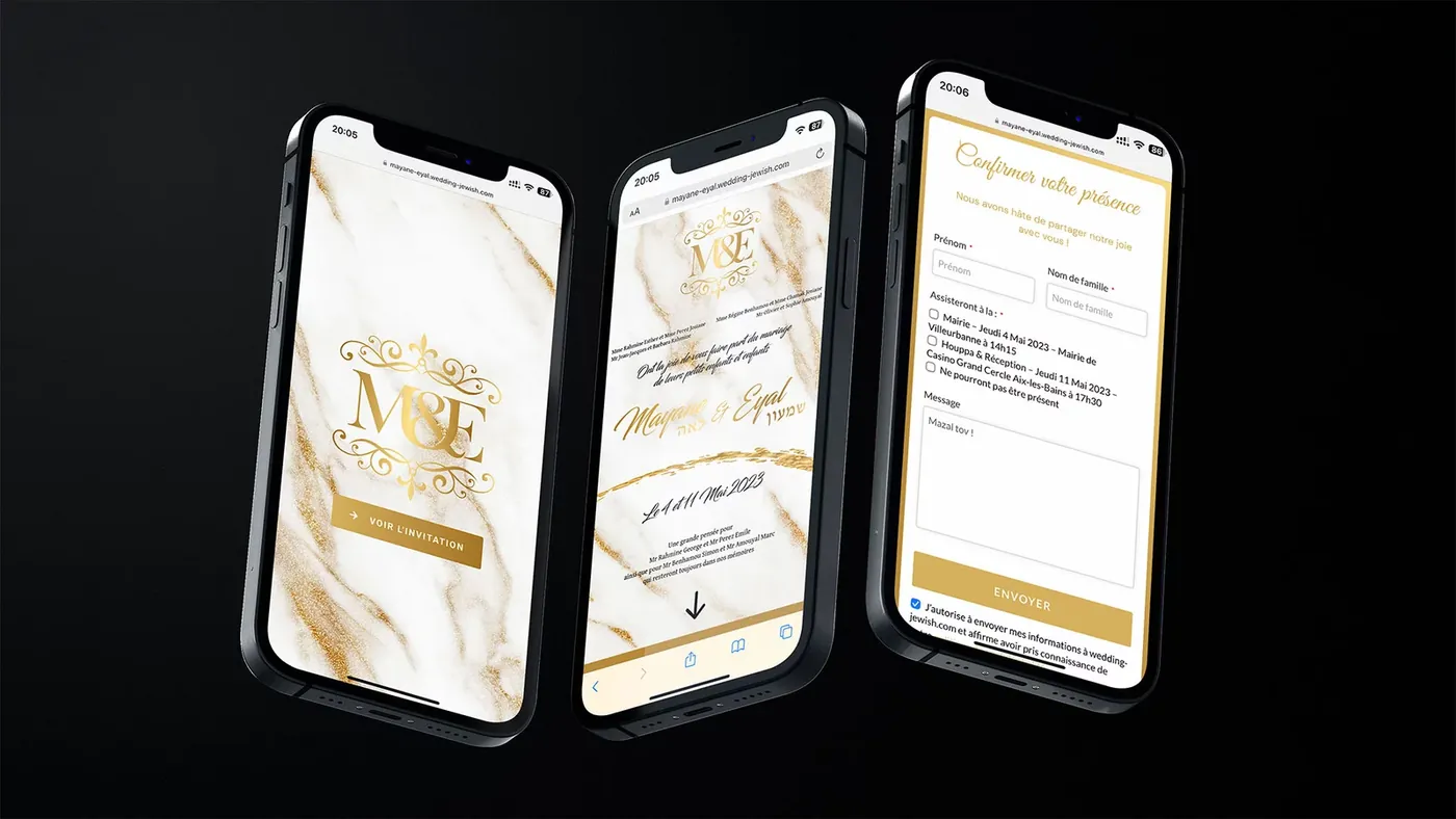 Faire-part de mariage numérique au décor marbre blanc et or affiché sur trois smartphones