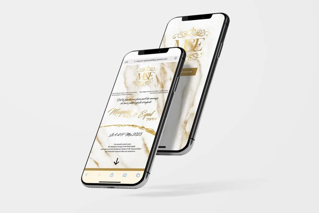 Faire-part de mariage juif numérique au décor marbre blanc et or, bilingue français et hébreu, affiché sur deux smartphones