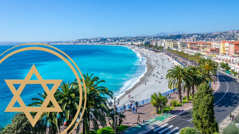 Baie des Anges et Promenade des Anglais à Nice avec une étoile de David dorée, illustration d’une Bar Mitzvah à Nice
