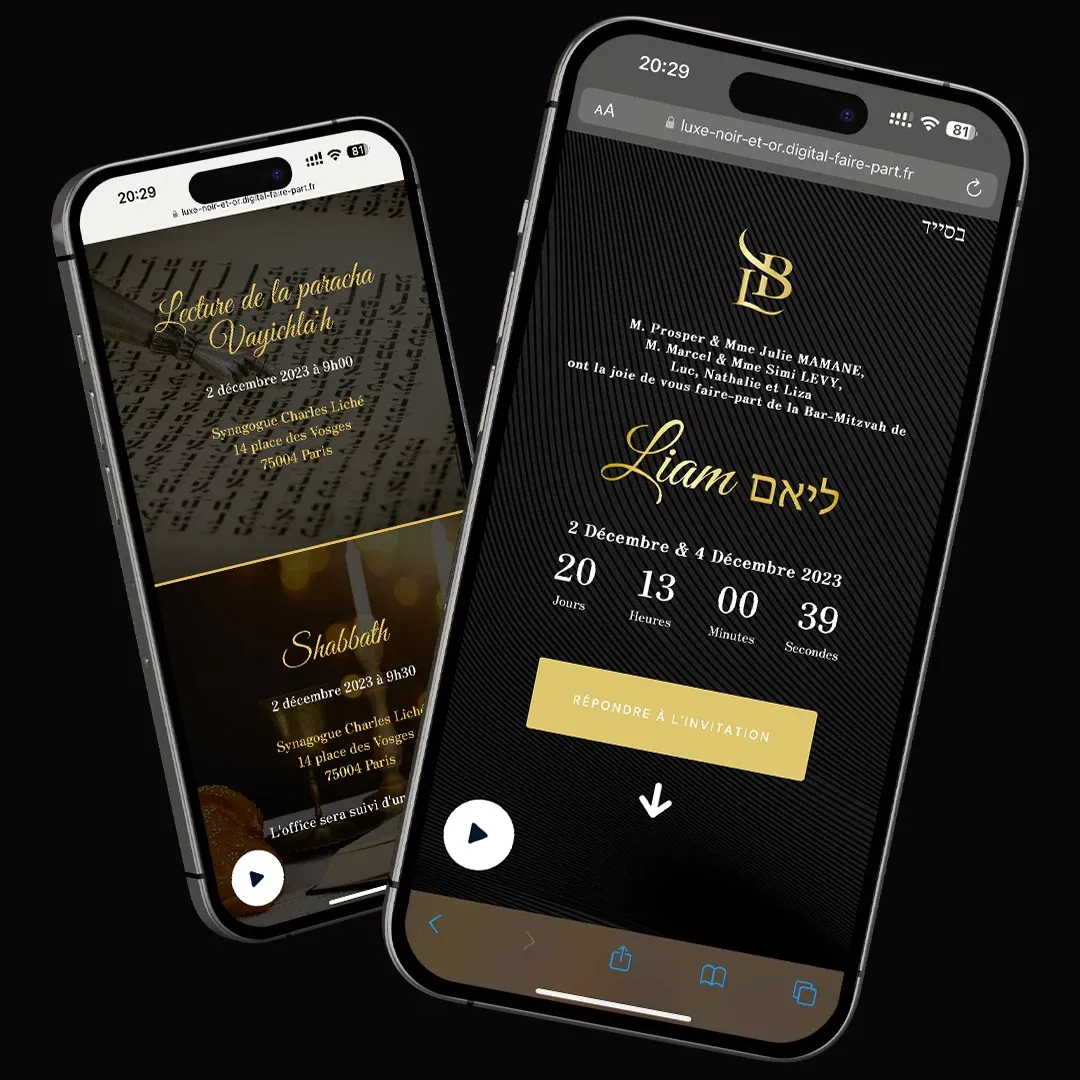 Faire-part numérique de Bar Mitzvah noir et or sur deux smartphones, avec compte à rebours, lecture de la paracha et bouton de réponse