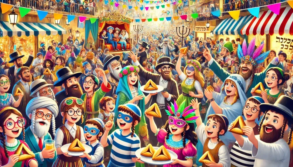 Illustration d'une fête de Pourim : enfants et adultes déguisés partageant des oreilles d'Aman