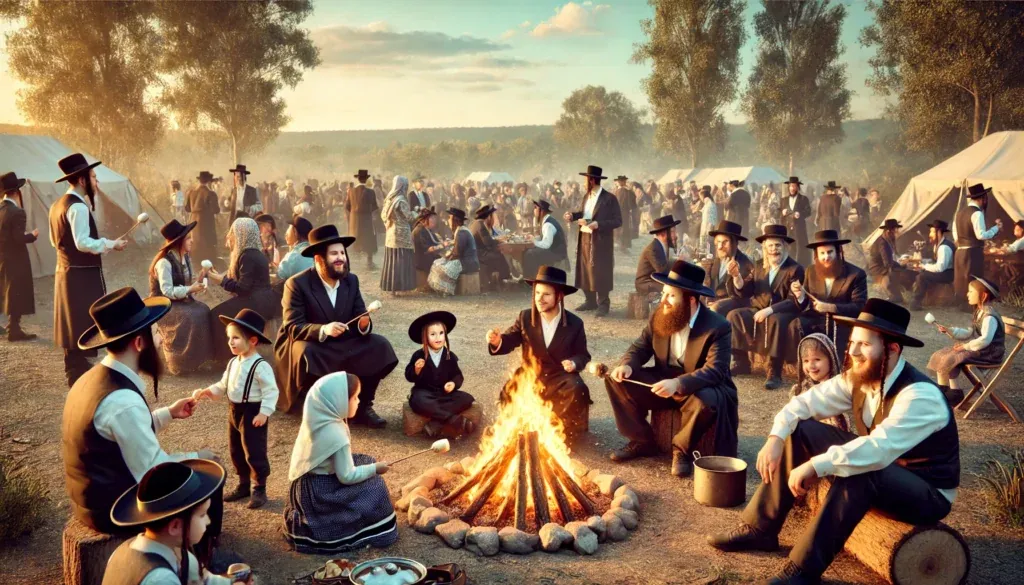 Illustration de familles réunies autour d’un feu de joie en plein air le soir de Lag Baomer