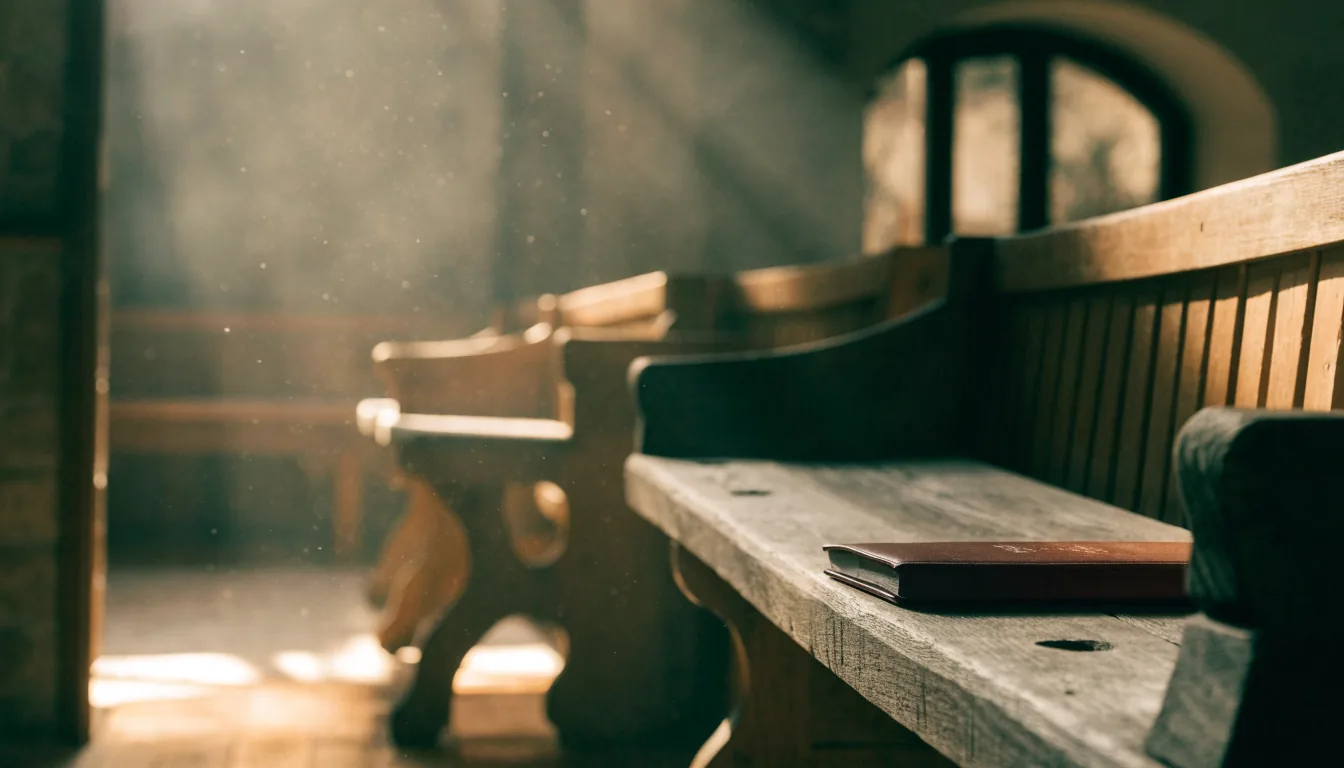 Lumière du matin sur les bancs en bois d'une synagogue, un livre de prières posé