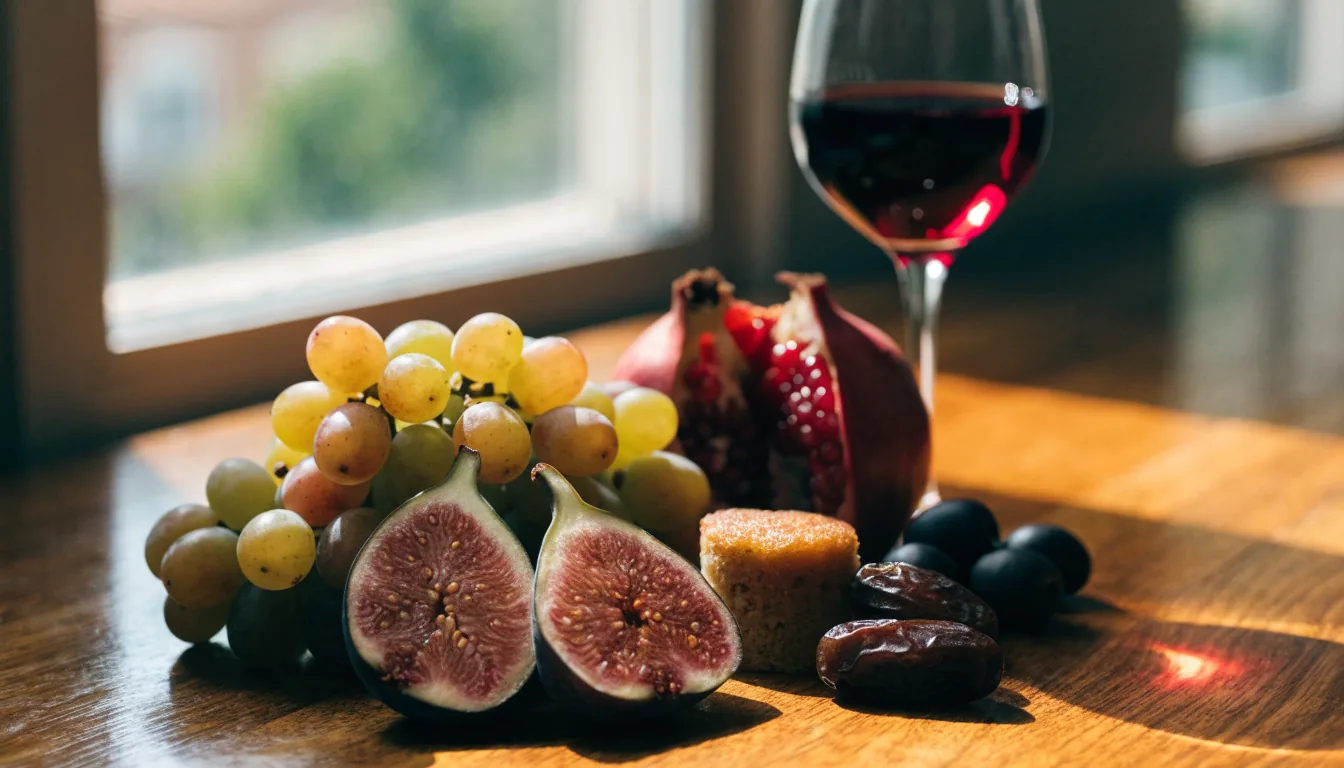 Raisins, figues, grenades, dattes et un verre de vin sur une table