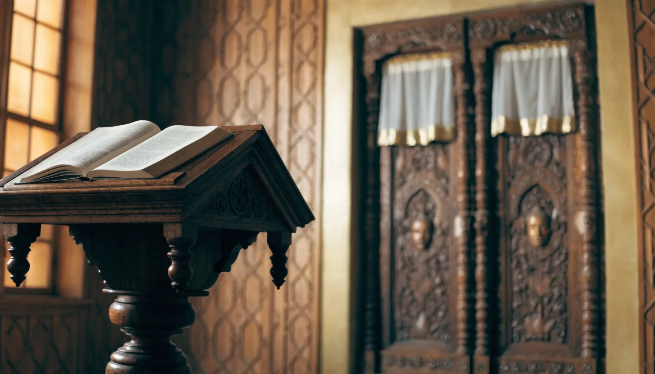Pupitre en bois face à l'arche sainte d'une synagogue, un siddour ouvert