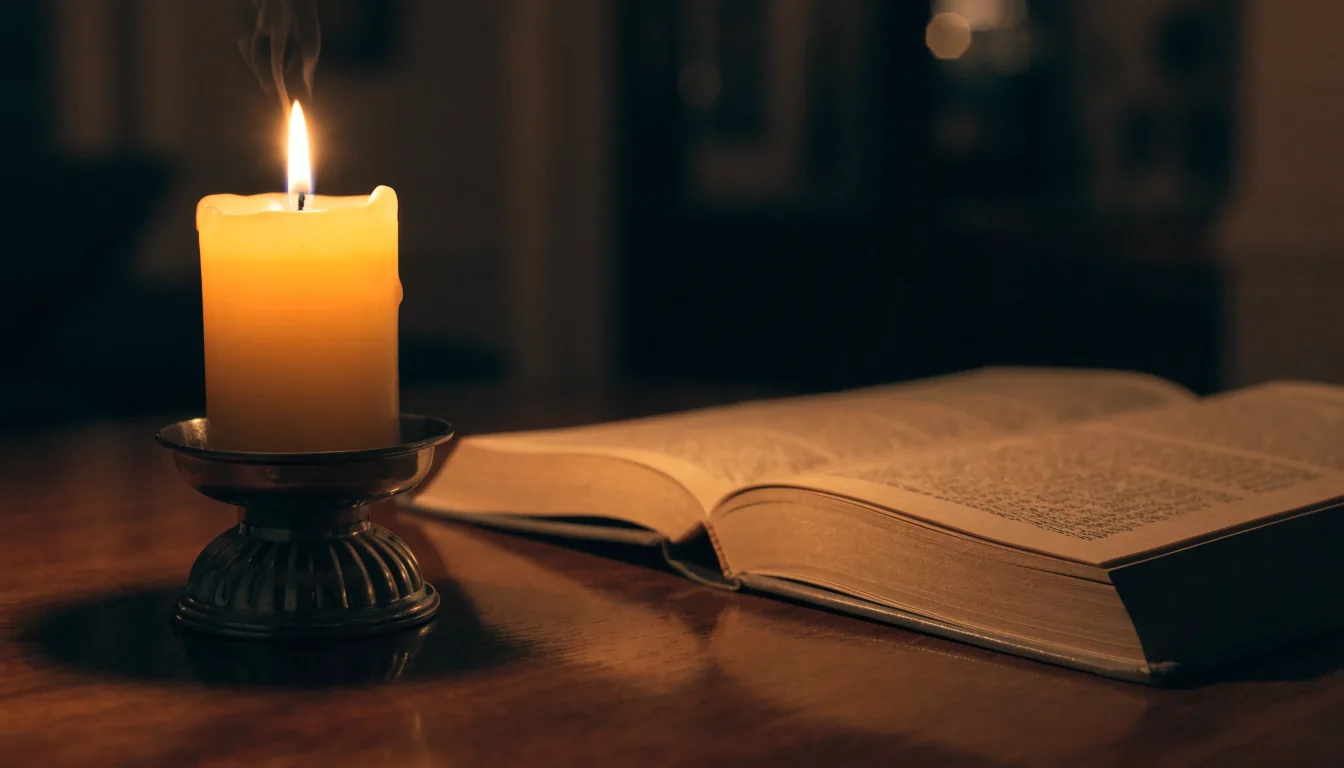 Bougie allumée près d'un livre de prières ouvert, le soir
