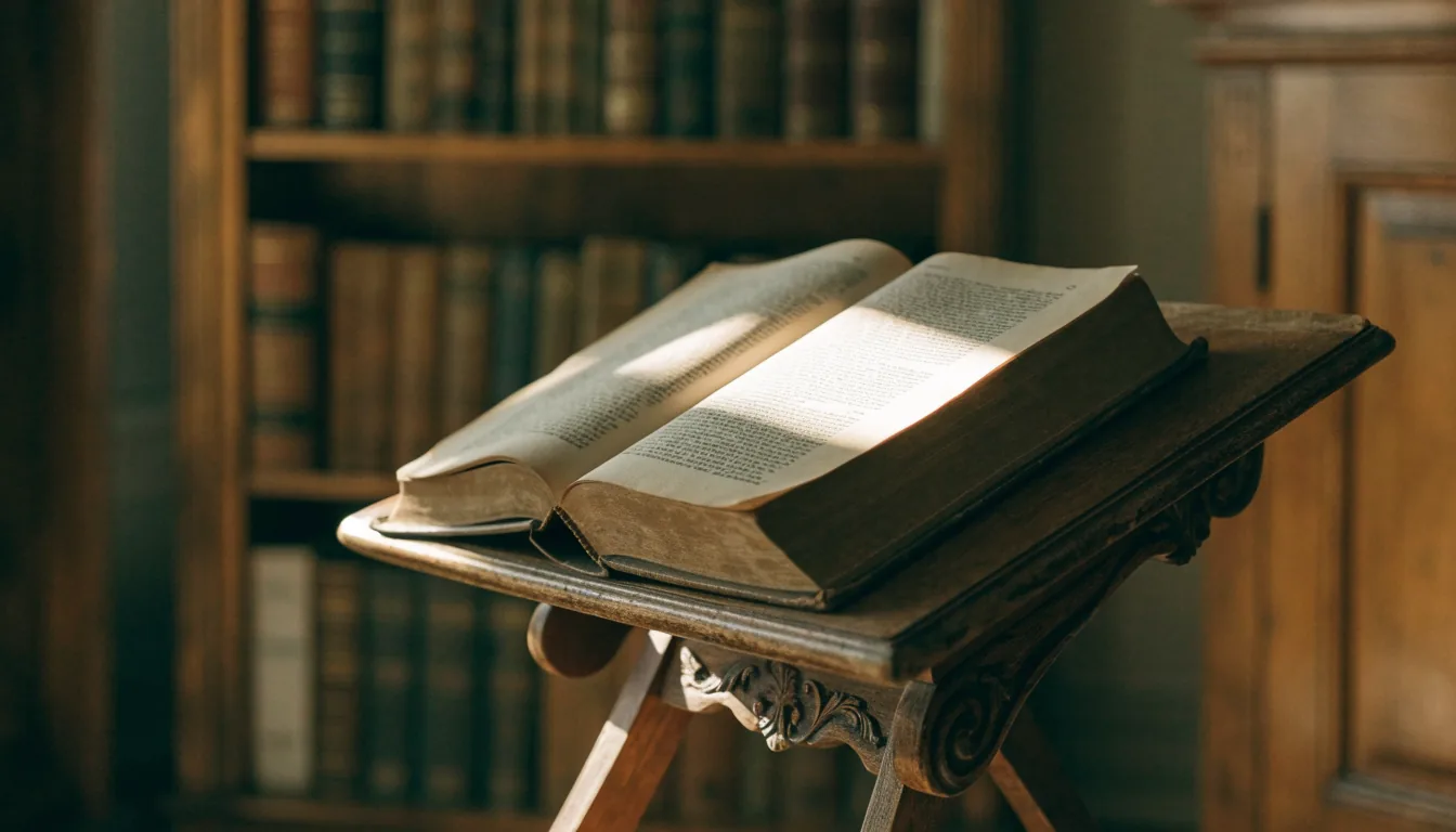 Livre ancien ouvert sur un pupitre en bois, éclairé par un rayon de soleil