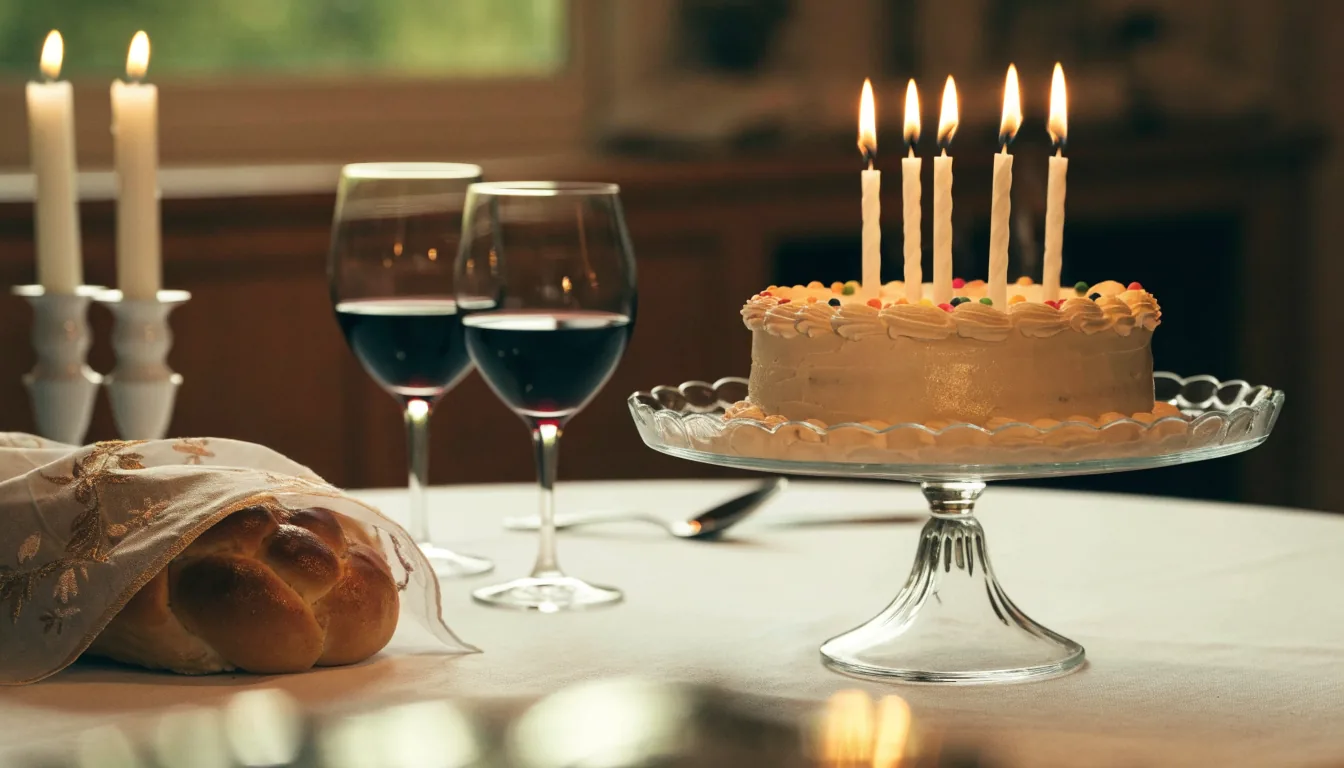 Gâteau d'anniversaire aux bougies sur une table de fête avec hallah et vin