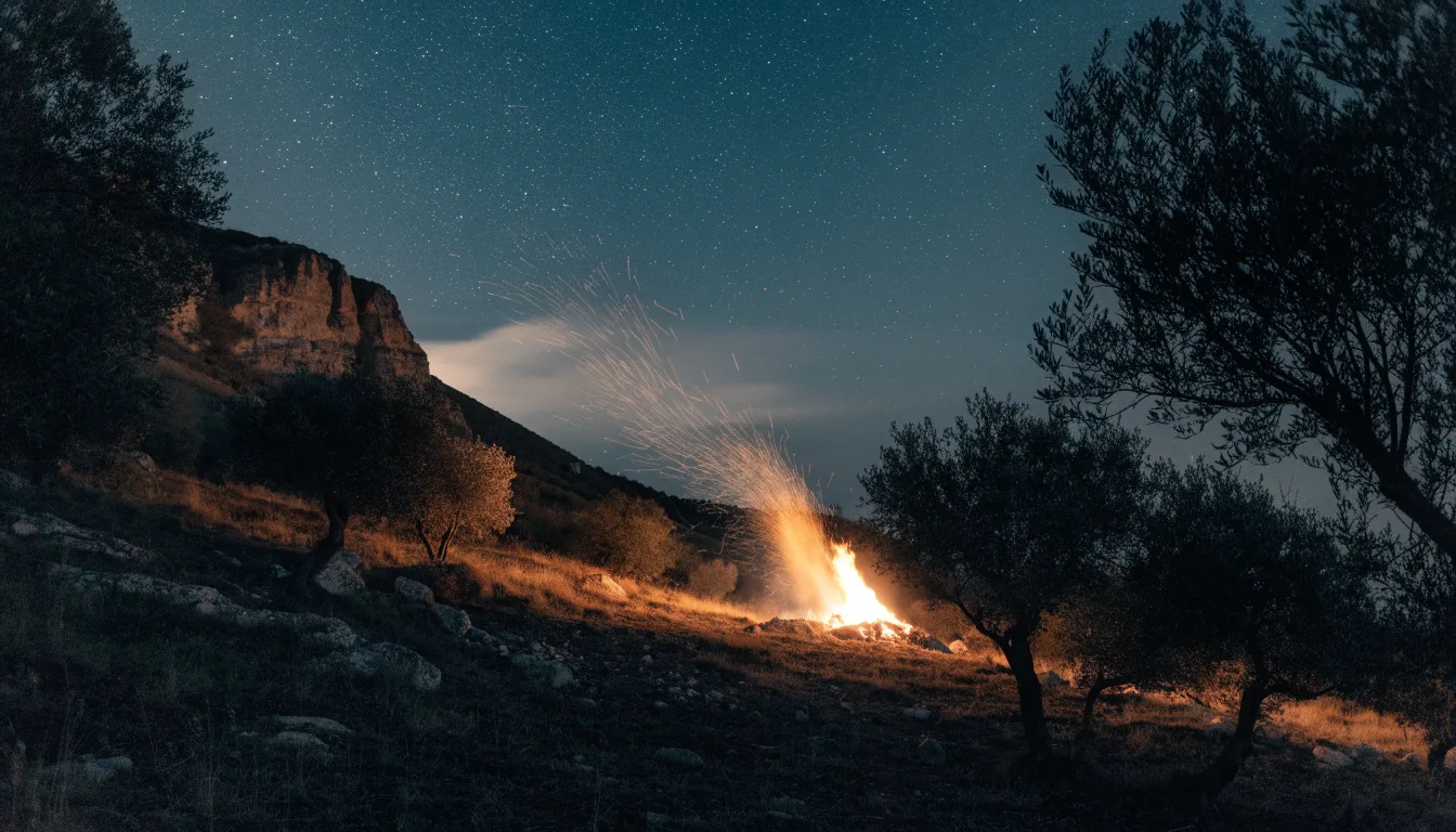 Feu de joie dans la nuit sur une colline de Galilée