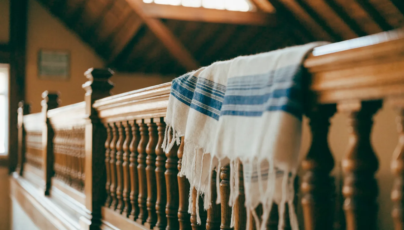 Talith blanc rayé de bleu posé sur la balustrade en bois d'une synagogue